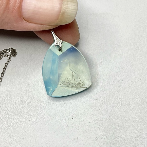 Art Deco Sterling Opaline Glass Necklace Japanese Carved Crane - Picture 8 of 11